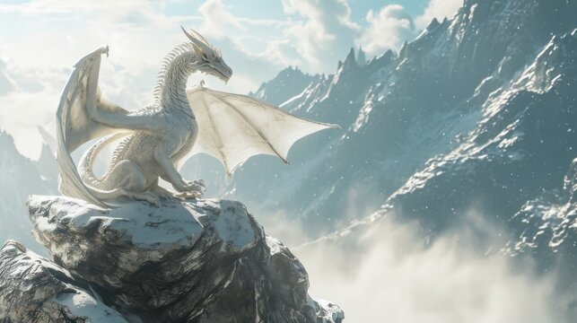 A white dragon stand resting on top of a mountain with its wings folded.
