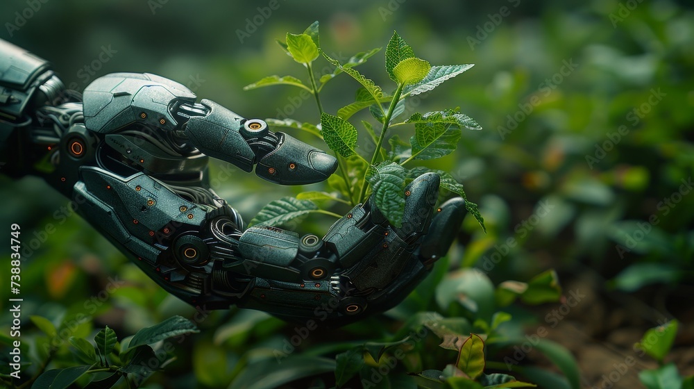 Poster Concept of environmental technology. Robot hand holding small plants with Environment icon. Artificial Intelligence and Technology ecology. Sustainable Development Goals. Artificial Intelligence.