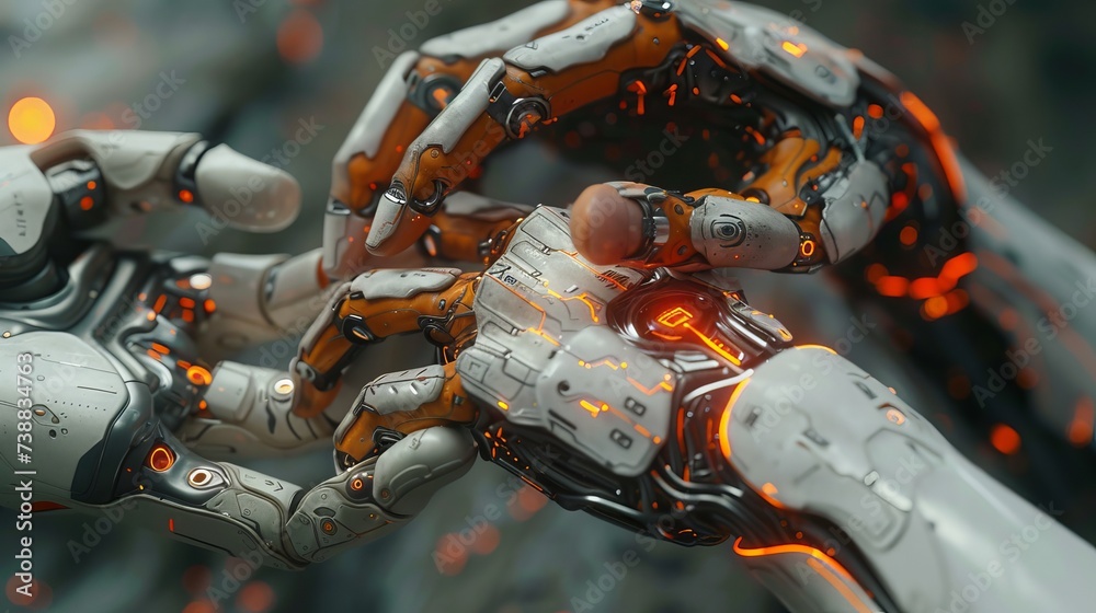 Poster 3D rendering of a robot hand making contact with a human hand.