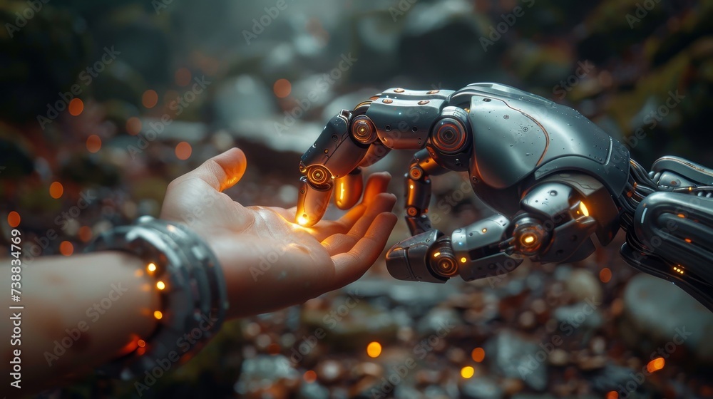Poster Contact between robot hand and human hand. 3D rendering.