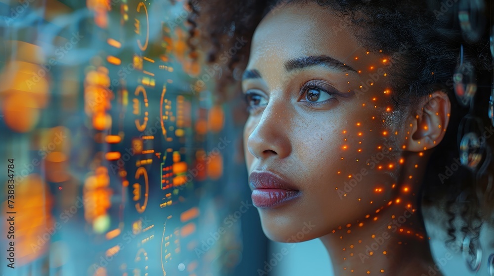 Poster Futuristic network, analytics and software developer for startup business website IT software. Black woman with tablet, ERP overlay and charts.