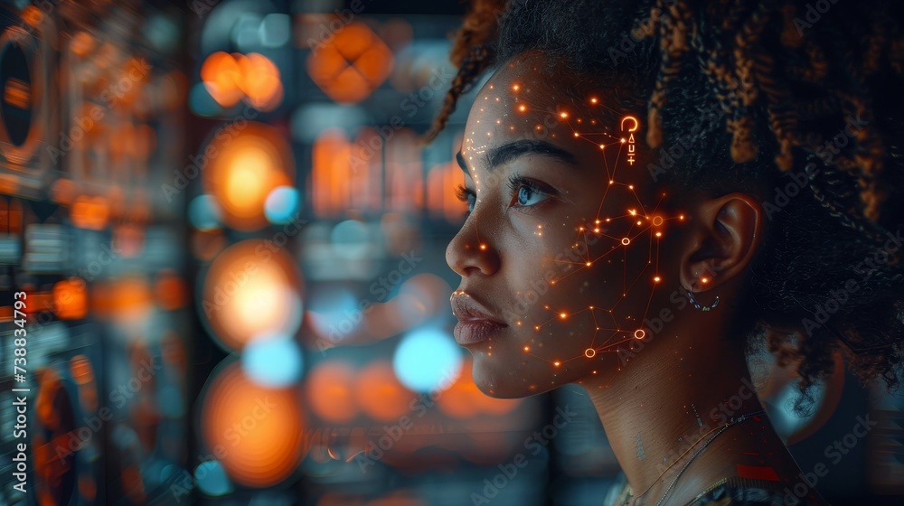 Poster Female black professional with a tablet, ERP overlay, charts, and innovation in future app development. Future network and analytics developer for startups business websites.
