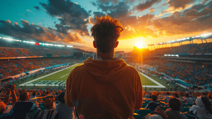 A fan standing on the podium cheering at the stadium for the team, rear view. - obrazy, fototapety, plakaty