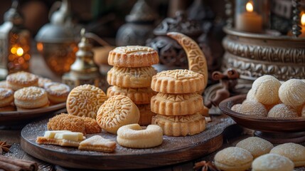 Assorted semolina cookies with dallah and crescent moon, awameh or lokma. Traditional arabic sweets in celebration of Eid al Adha, Eid al Fitr, and Ramadan.
