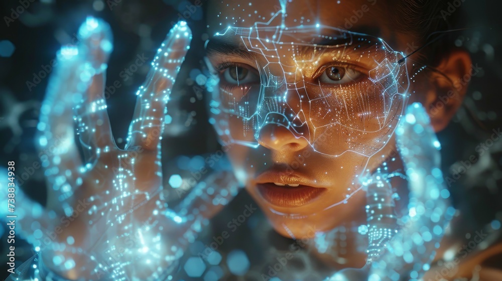 Poster Using Glasses to touch objects for experiences in a metaverse virtual world. Futuristic theme.
