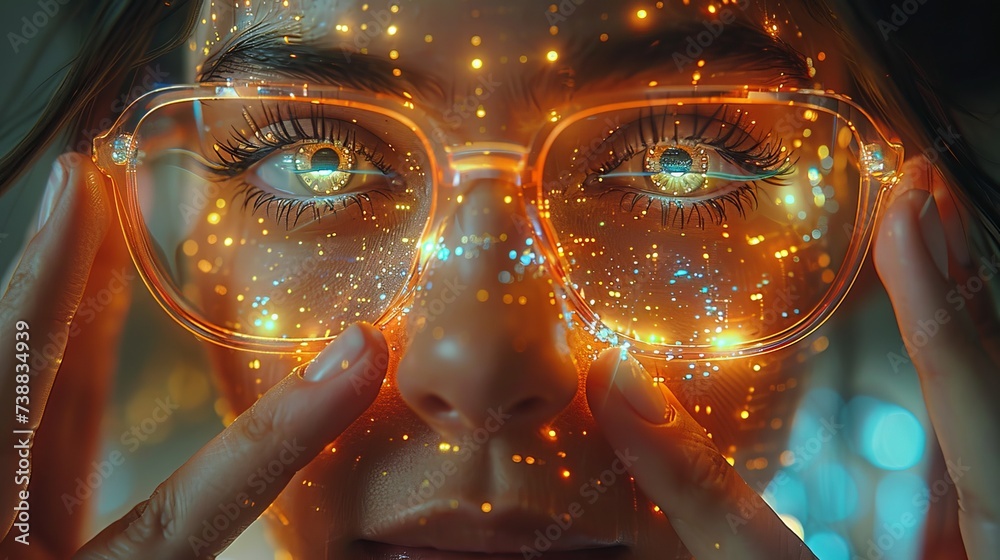 Poster a person with glasses uses a touch screen to experience a virtual world in the metaverse. ambient fu