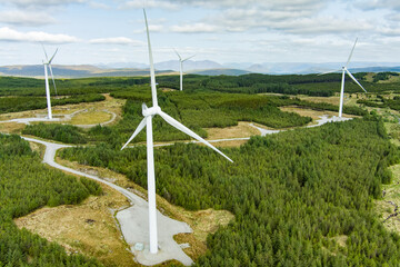 Connemara aerial landscape with wind turbines of Galway Wind Park located in Cloosh Valley, County...