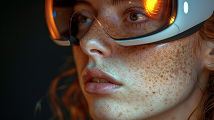 A woman wearing a pair of virtual reality glasses. A future technology concept. - obrazy, fototapety, plakaty