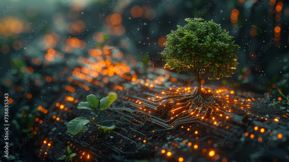 Aufkleber growing tree on digital plant pot. eco technology and technology convergence concepts. green computi