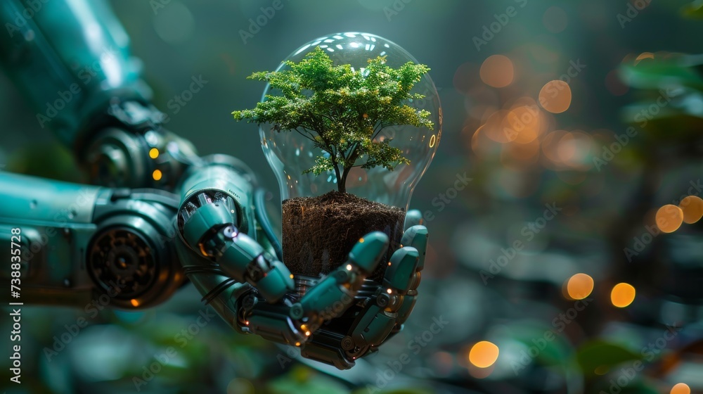 Poster ai robot hand holds growing tree and soil inside the light bulb. innovative technology concept and e