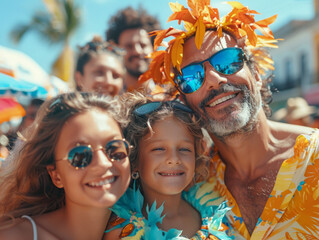 Joyful Family mother, daddy, and daughter Enjoying Street Carnival Together on Sunny Day