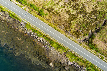 Top down view of a road in Connemara region in Ireland. Scenic Irish countryside landscape with...
