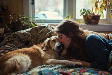a young woman unwinding with her dog in the comfort of her home.