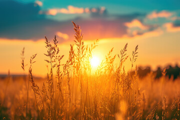 Fototapeta premium Sunset Nature view of summer field. Beautiful calm Sunset background. Nature and ecology concept. Golden evening sunset on the meadow,