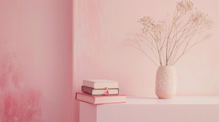 Modern Composition with Pale Pink Background and Neatly Stacked Books Macro Close-up.