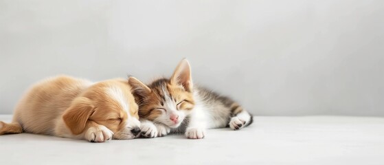 puppy and kitten sleeping on white studio background 