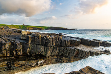 Famous Classiebawn Castle in picturesque landscape of Mullaghmore Head. Spectacular sunset view...