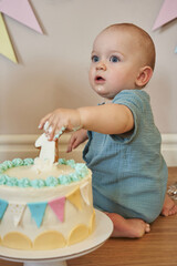 Smiling little boy admiring the number one cake, his eyes shining with delight.