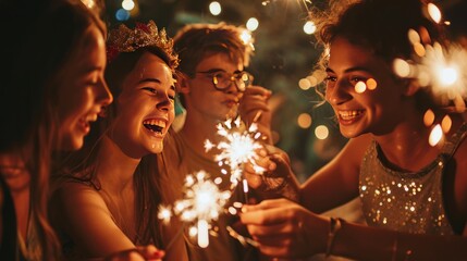 Obraz na płótnie Canvas People play with sparkler fireworks in holiday celebration event party.