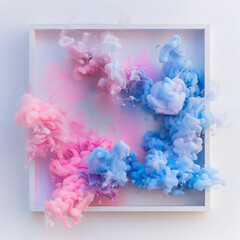 Pink and Blue Colored Smoke in Square Frame on White Background
