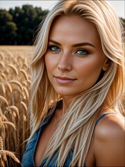 A beautiful blonde girl on the background of a wheat field.