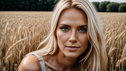 A blonde girl on the background of a wheat field.