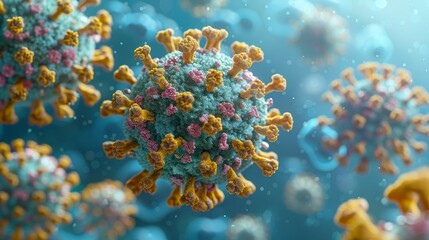 The COVID-19 respiratory syndrome Coronavirus and the novel Coronavirus 2019-nCoV is shown in an abstract virus strain model on a blue background. The concept of virus pandemic protection is