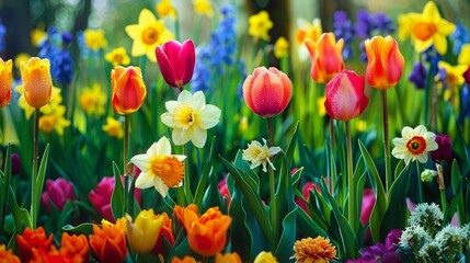 the vibrant transformation of a garden on the first day of spring, focusing on a variety of blooming flowers such as tulips, daffodils, and cherry blossoms.  - obrazy, fototapety, plakaty