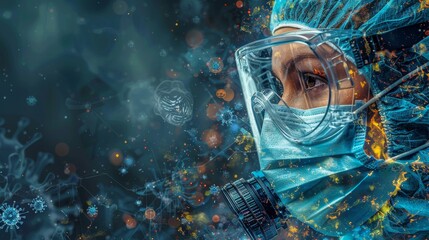 An anti-coronavirus protective mask is worn by a doctor in a banner panorama as part of the medical staff's preventive equipment. - obrazy, fototapety, plakaty