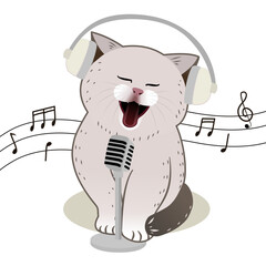 An illustration of a chubby cat singing with headphones on its ears, surrounded by musical notes as the background.
