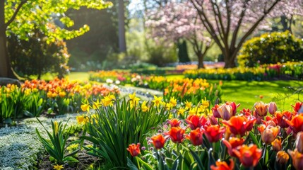 Fototapeta premium the vibrant transformation of a garden on the first day of spring, focusing on a variety of blooming flowers such as tulips, daffodils, and cherry blossoms. 