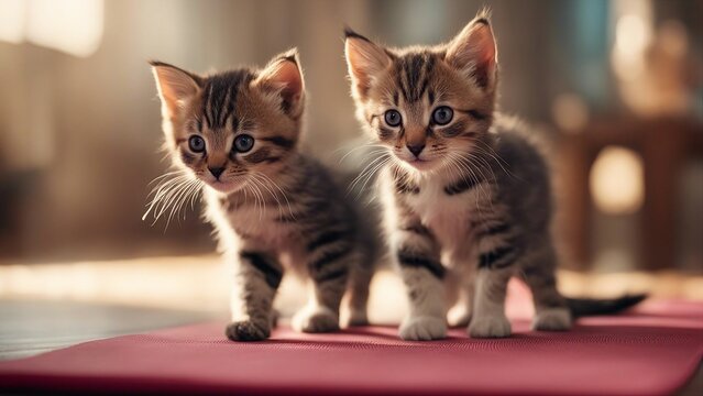 cat and kitten A playful kitten with a mischievous look, attempting a  pose on a yoga mat,  