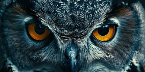 The piercing eyes of an owl in a close-up, watching the night, representing wisdom , concept of Majestic gaze - obrazy, fototapety, plakaty