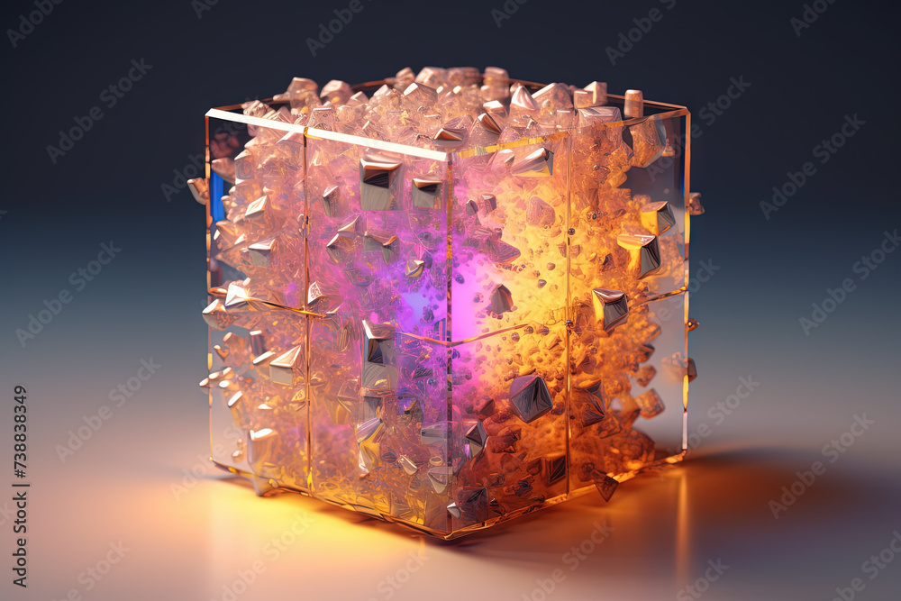 Poster Ethereal geometric sculpture with a cube shape. Shiny crystal cube structure with vibrant colors in vaporwave and y2k style.