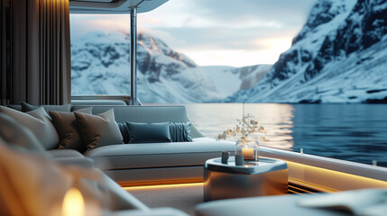 Luxury interior design of modern yacht, creative design in style of Old money on the background of the snowy Norwegian Fjords. Concept of the Quite Luxury - obrazy, fototapety, plakaty