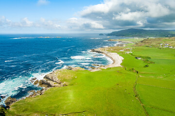 Aerial view of Portmor or Kitters Beach, Malin Head, Ireland's northernmost point, famous Wild...