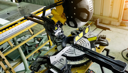 Circular saw have laser for guideline cutting wood with sharp rotary blade, Working equipment...