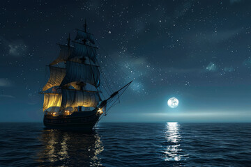 Sailboat at night. A ship with sails sails on the night sea.