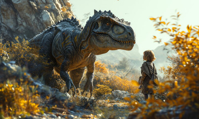 The boy and the dinosaur in the field the boyre meets dinosaur
