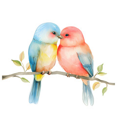 Delicate watercolor portrayal capturing the affectionate bond between a pair of birds nestled on a charming branch.