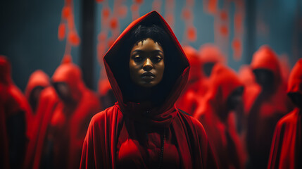 Femme noire portant une cape rouge - obrazy, fototapety, plakaty
