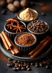 Coffee beans cinnamon sticks anise stars and ground coffee in bowls on black background