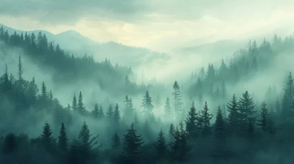 Papier Peint photo Lavable Forêt dans le brouillard Misty landscape of fir forest in Canada