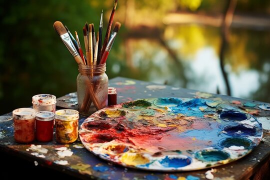 An artist's set in the open air, brushes, paint, palette on the background of a lake in summer.