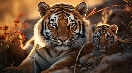 a tiger and cub lying down