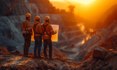 Three workers are standing on the top of the mountain while holding blueprints.