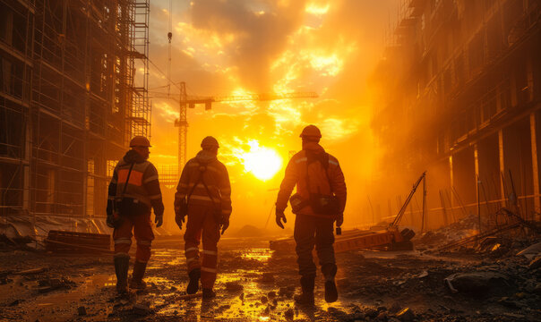 Three workers are walking in the middle of the construction site with bright yellow sun shining.
