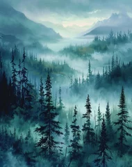 Foto auf Acrylglas Wald im Nebel Misty landscape of fir forest in Canada
