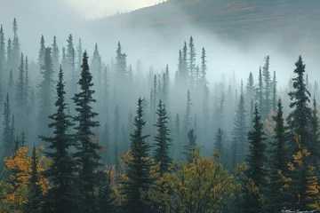Foto op Plexiglas Mistig bos Misty landscape of fir forest in Canada