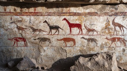 Prehistoric rock painting on ancient cave wall by caveman.